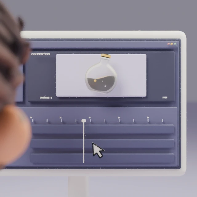 An over-the-shoulder view of Kyle, softly blurred beside a clay editing screen with the animated potion and a colorful timeline.